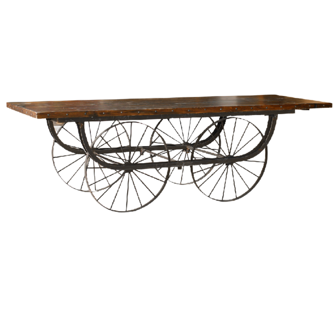 MESA EN HIERRO Y MADERA TIPO CARRETA