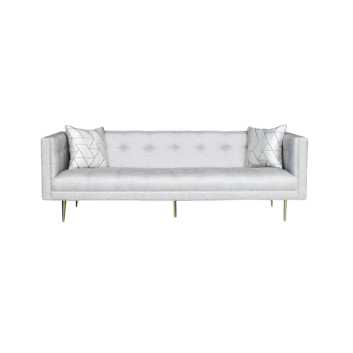 SOFA CANCILLER 3P EN TELA GRIS PLATA Y PATAS DORADAS