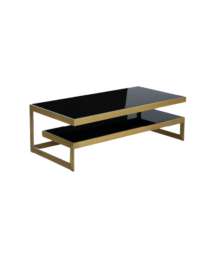 MESA DE CENTRO CON TOPE EN VIDRIO NEGRO Y MARCO DE METAL DOR