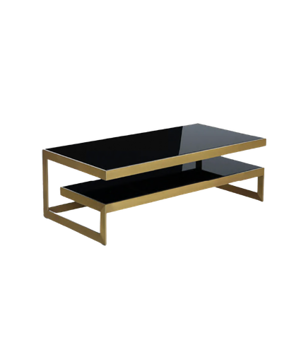 MESA DE CENTRO CON TOPE EN VIDRIO NEGRO Y MARCO DE METAL DOR