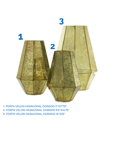 HEXAGONAL CANDLE HOLDER GOLD 9.5 X 14.75